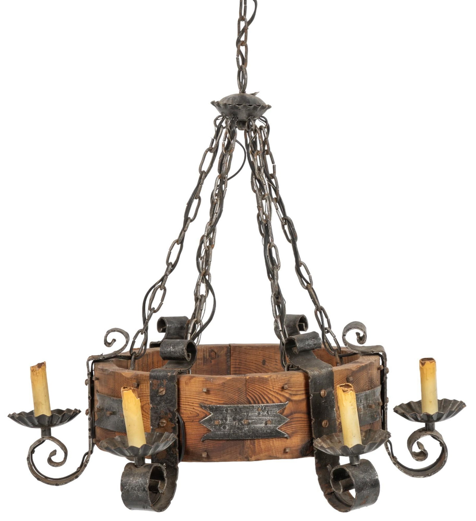 Farmhouse Style Chandelier: Farmhouse style chandelier with wooden frame, iron accents and hardware, and six faux candle fixtures height 24 in. x width 25 in. x depth 25 in. Condition: some loss to faux candles Shipping availabl