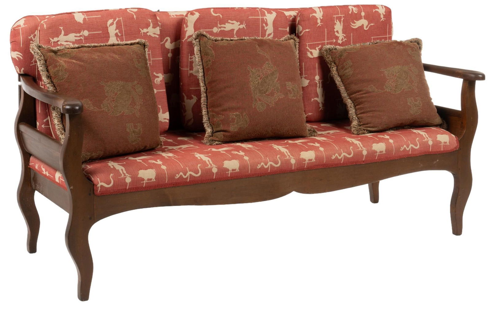 Vintage Daybed Sofa: Vintage converting daybed sofa, featuring wooden frame, with cushioned seat and back with red fabric upholstery featuring figural and zoomorphic motifs, with hinged backrest lowering to the ground and