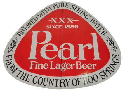 1970s Large Pearl Fine Lager Beer Sign: 1970s Large Pearl Fine Lager Beer (San Antonio, Texas) teardrop metal enameled sign, single sided, with "Brewed With Pure Spring Water From the Country of 1100 Springs" along border, two piece sign 