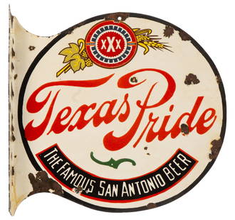 1940s Texas Pride Pearl Brewery Sign: 1940s rare Texas Pride Pearl Brewery (San Antonio, Texas) flange sign with "The Famous San Antonio Beer" message, double-sided, enameled metal, with red script on white field, with beer wheat