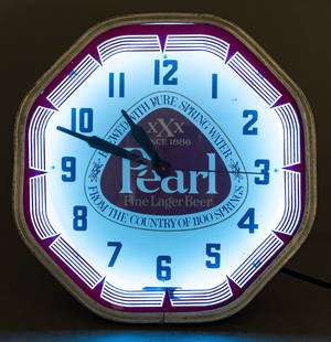 1960s Neon Pearl Wall Clock: 1960s Neon Pearl Beer (San Antonio, Texas) wall clock, with wall mount, in working condition height 18.75 in. x width 18.25 in. x depth 7 in. Provenance: Property from the home of a Seguin,