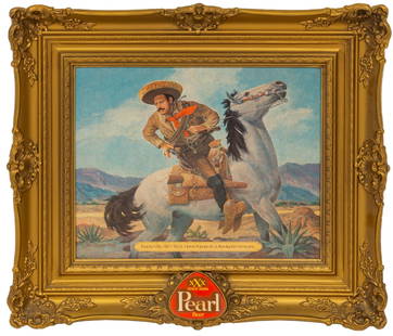 Framed Pearl Brewery Pancho Villa Advertisement: Pearl Brewery (San Antonio, Texas) advertisement sign depicting reproduction of Ben Carlton Mead painting of Francisco "Pancho" Villa (1877-1923), a Mexican general and revolutionary who was