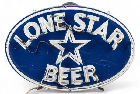 Lone Star Beer Neon Sign: Lone Star Beer (Texas) neon sign, with stylized neon lettering, freestanding on two curved metal legs, with ventilated metal backing, and handle, in working condition height 24 in. x width 34.5
