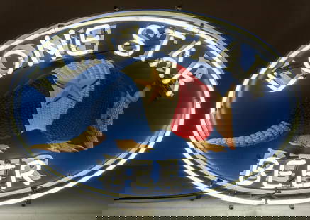 Lone Star Beer Neon Sign: Lone Star Beer (Texas) neon sign with Texas-themed armadillo and stylized neon lettering, in working condition, 2001 height 23.5 in. x width 34 in. x depth 5.5 in. Provenance: Property from the