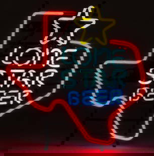 Lone Star Beer Neon Sign: Lone Star Beer (Texas) neon sign in shape of Texas with stylized neon red and blue lettering height 21 in. x width 21 in. x depth 6 in. Provenance: the Estate of Otis Hibler, former mayor of