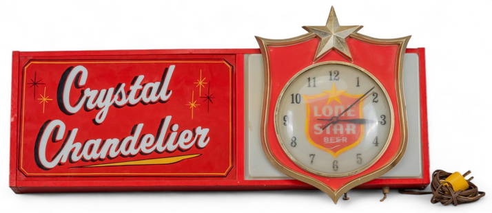 1960s Lone Star Beer Advertising Clock: 1960s Lone Star Beer (Texas) advertising clock featuring clock and lettering reading "Crystal Chandelier" height 14.5 in. x width 30 in. x depth 5 in. Provenance: the Estate of Otis Hibler,