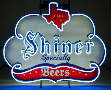 Shiner Specialty Beer Neon Sign: Shiner Specialty Beer (Texas) neon sign with stylized blue neon lettering and shape of Texas height 24 in. x width 30 in. x depth 8.5 in. Provenance: the Estate of Otis Hibler, former mayor of
