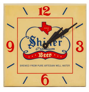 Shiner Premium Beer Wall Clock: Shiner Premium Beer (Texas) wall clock, battery powered, with wall mount height 14.5 in. x width 14.5 in. Provenance: Property from the home of a Seguin, Texas gentleman Shipping available