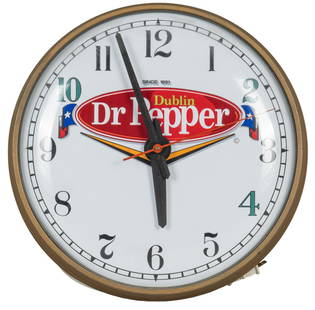 Dublin Dr. Pepper Clock: Dublin Dr. Pepper wall clock from the now closed Dublin, Texas Dr. Pepper Bottling Company, which followed the original recipe, and used cane sugar, instead of the standard high fructose corn syrup