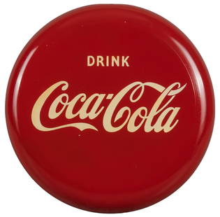 Vintage Coca-Cola Button Sign: Vintage Coca-Cola button sign, tin with traditional red color, with "Drink Coca-Cola" message Diameter 12 in. Property from the personal collection of a New Braunfels, Texas gentleman who has