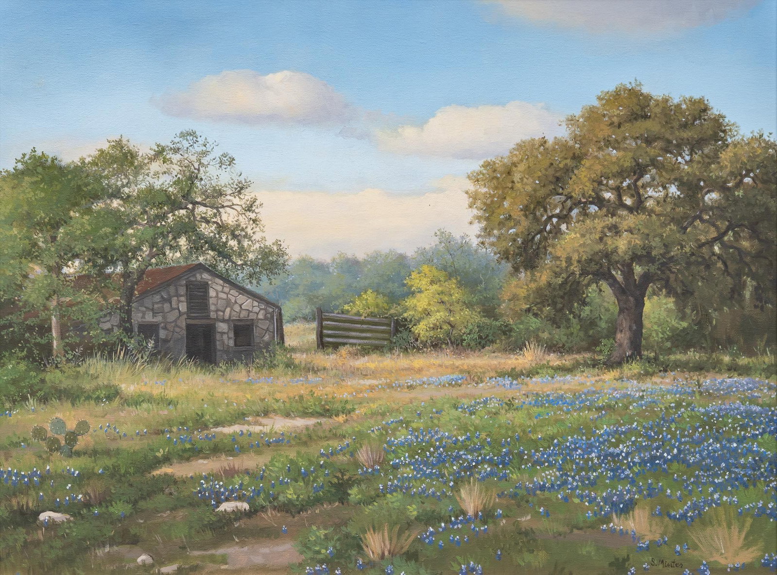 Sally Minter, Bluebonnet Landscape: Sally Minter (Amer., b. 1954), bluebonnet landscape, oil on canvas sight: 18 x 24 in., frame: 24 x 30 in. Shipping available for this lot through our partner 4CL; please request a shipping quote at sh