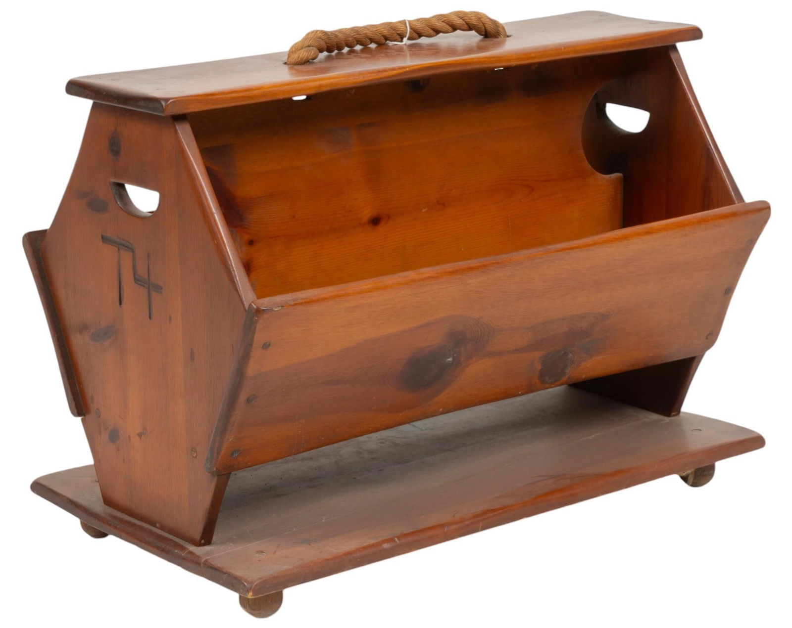 W.R. Dallas Double-Sided Trough: W.R. Dallas (San Antonio, Texas) wooden double-sided trough, cattle branded on both sides and rope handle on top height 21 in. x width 32 in. x depth 18 in. Provenance: Property from the collection