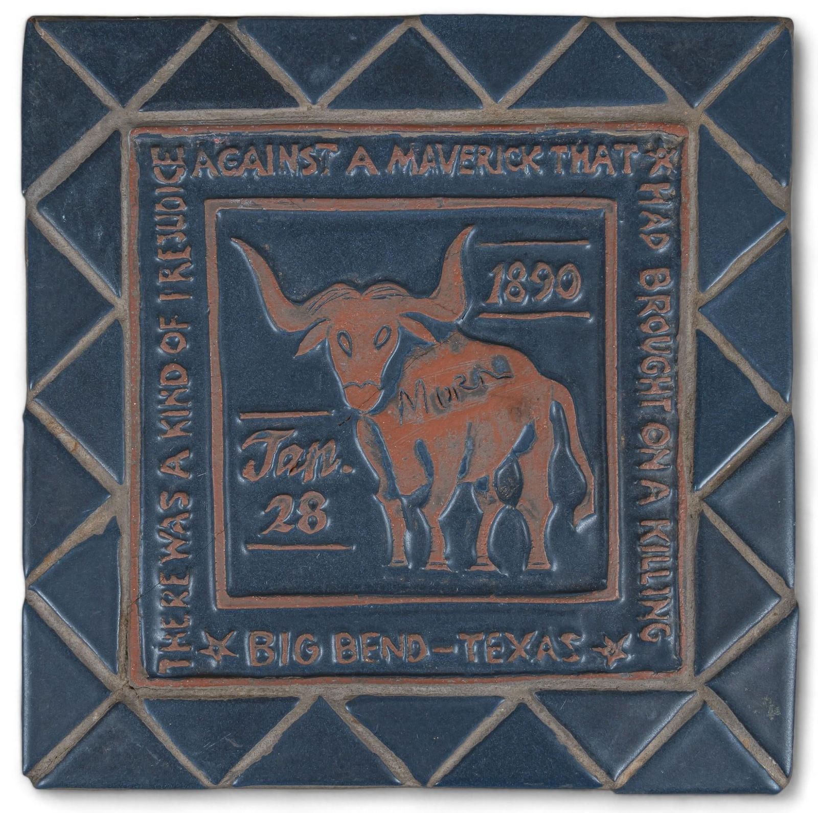 Ceramic Tile, Maverick Murder Calf Legend: Hand-incised and glazed ceramic tile depicting the Maverick Murder Calf legend reading "There was a kind of prejudice against a maverick that had brought on a killing", referencing a tale of a