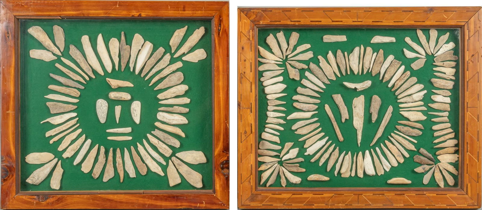 Framed Collection of Primitives: Pair of framed collections of primitive tools made from animal bone fragments, on felt lined backing, with in cedar wood frames height 20 in. x width 22 in. x width 1.75 in. / largest Provenance: