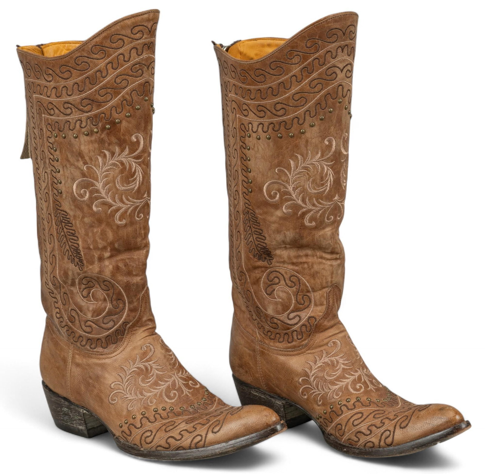 Pair of Zarape "Old Gringo" Embroidered Boots: Pair of Zarape "Old Gringo" tall cowboy boots, featuring embroidered motifs on tan leather, size 8.5B height 16 in. x width 4 in. x depth 11 in. Provenance: Property of a San Antonio ranch col