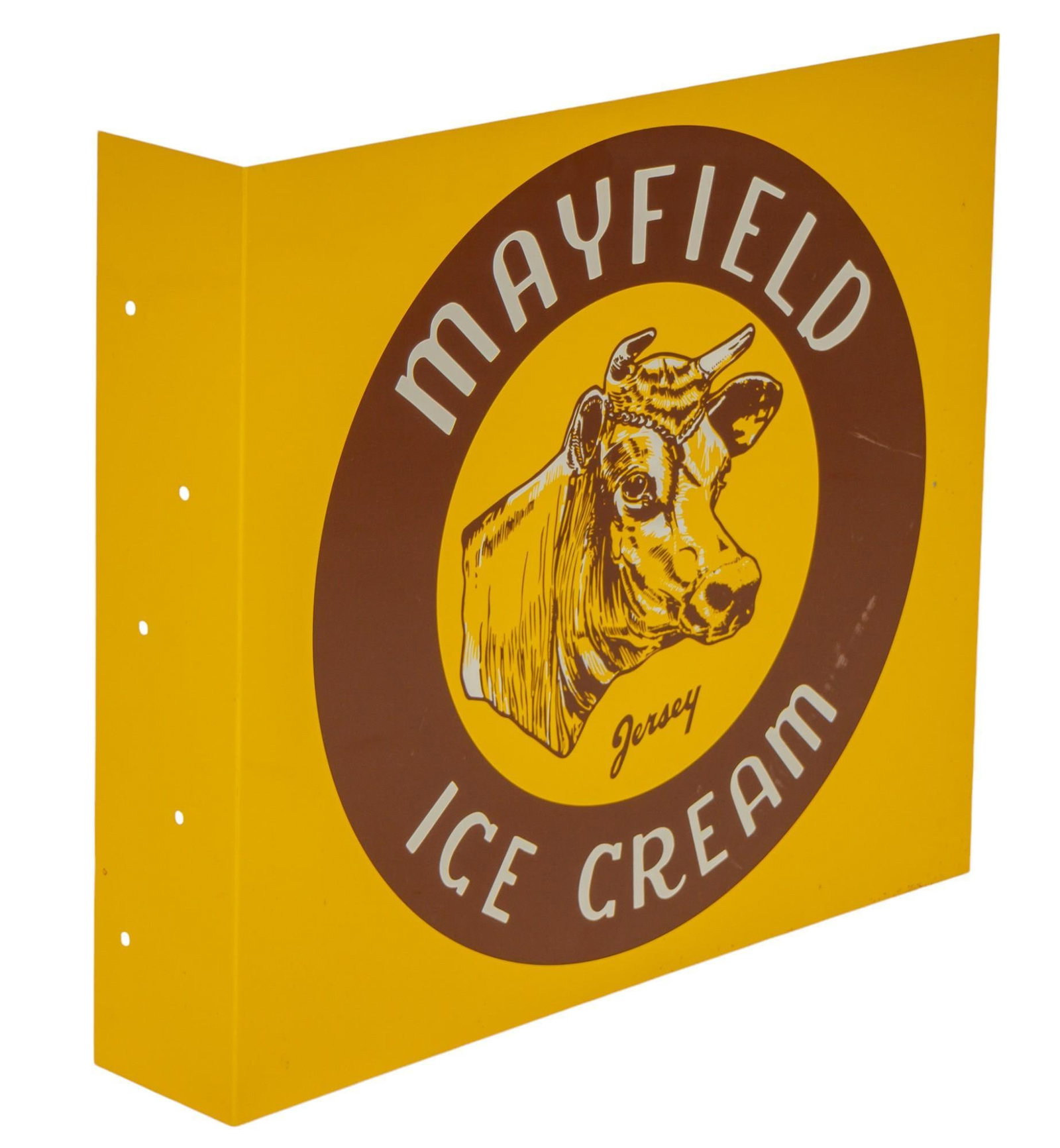 Mayfield Ice Cream Sign: Mayfield ice cream sign with central brown cow image, reads "Mayfield Ice Cream Jersey" height 18 in. x width 20 in. x depth 4 in. Provenance: Property from the collection of a Wolforth, Texas