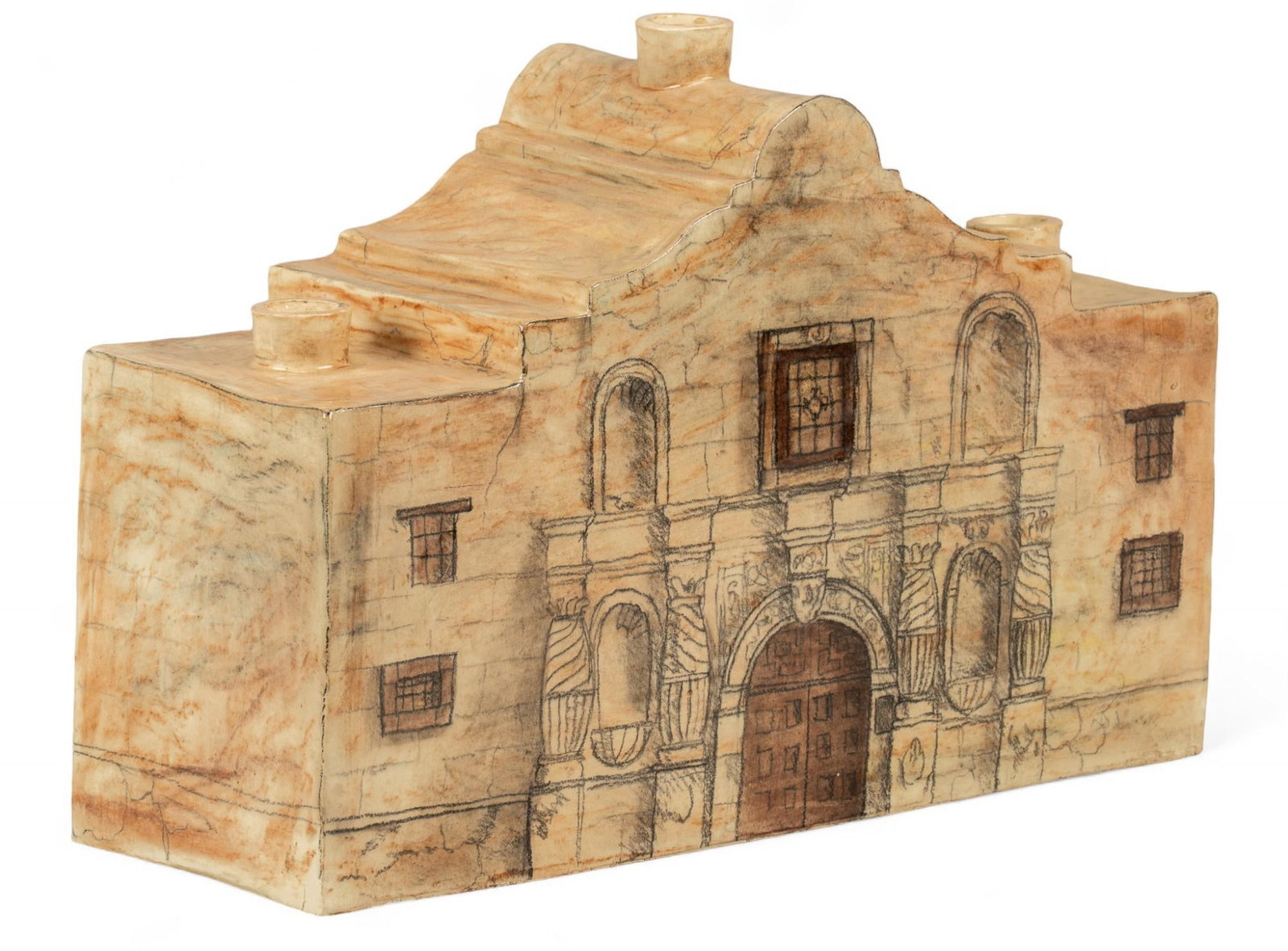 Ceramic Alamo Candle Holder: Alamo candle holder, with three candle slots, decorated with drawings of the mission's architectural elements, ceramic height 12 in. x width 17 in. x depth 6 in. Provenance: Property from the home