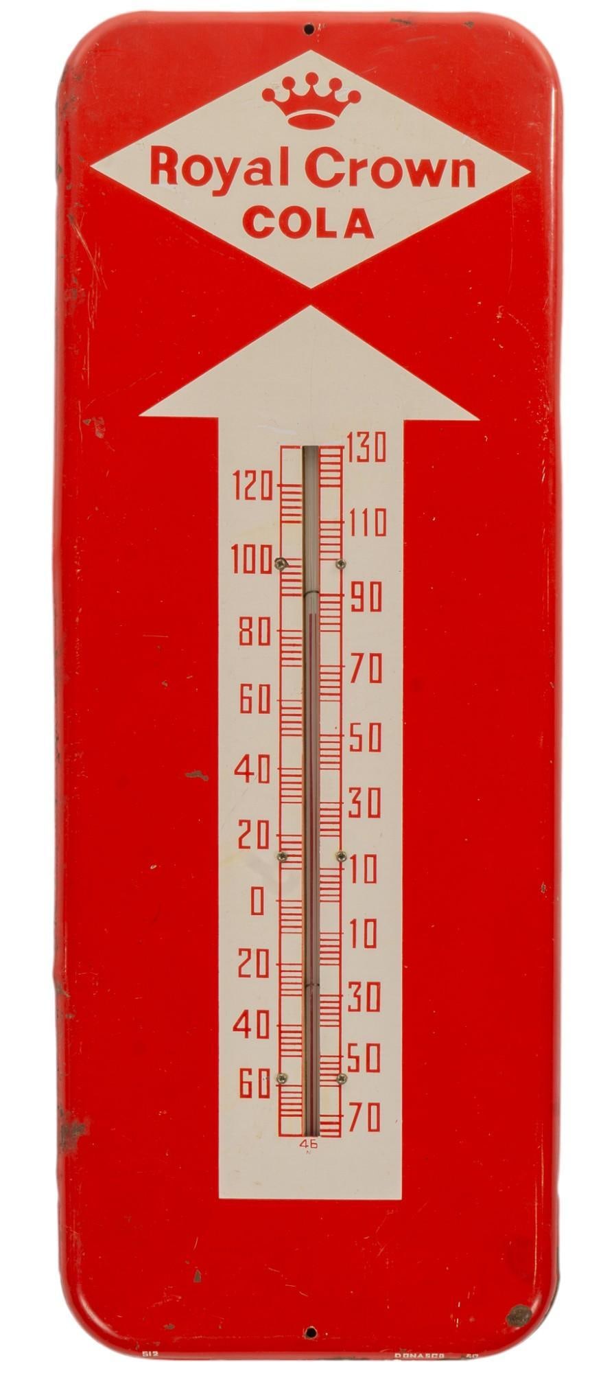 Vintage Royal Cola Thermometer: Vintage Royal Cola painted metal thermometer, with Farenheit and Celsius measurements, circa early 1960s height 25.5 in. x width 10 in. x depth .5 in. ??????????????Provenance: Property from the colle