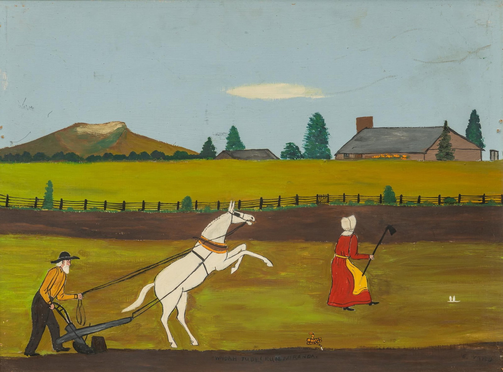 Essie Ward, "Whoah Jude! Run Miranda": Essie Treat Ward (Amer., 1902-1981), "Whoah Jude! Run Miranda", oil on masonite sight: 18 x 24 in., frame: 19.5 x 25.5 in. Shipping available for this lot through our partner 4CL; please reque