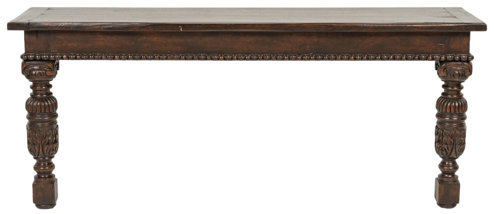 Carved Console Table: Wooden console table featuring oversize top with carved trim, supported on two carved, turned legs height 35 in. x width 82 in. x depth 20 in. Shipping available for this lot through our partner 4CL; 