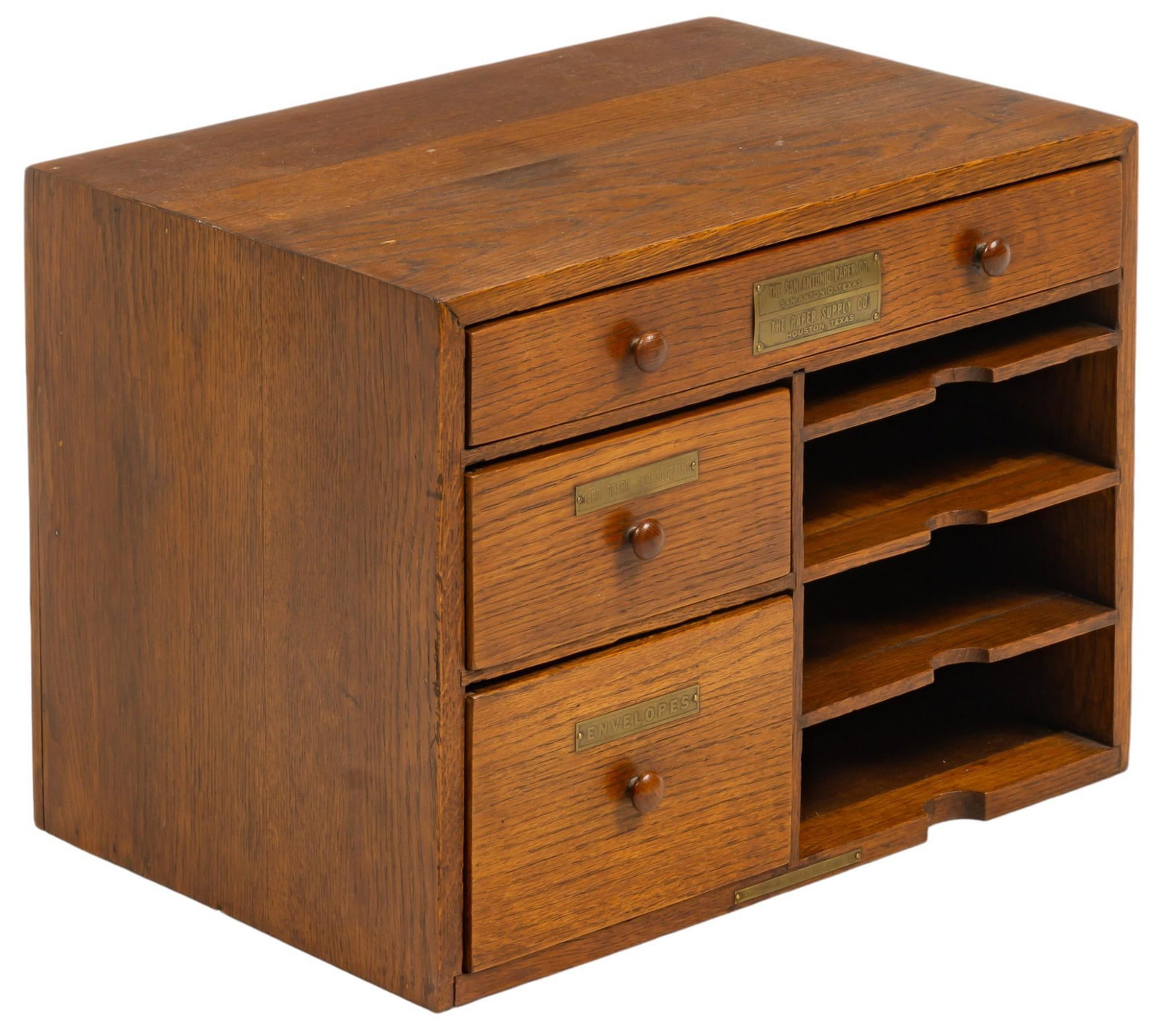 Wooden Desktop Cabinet by San Antonio Paper Co.: Wooden desktop cabinet by San Antonio Paper Co. and Paper Supply Co. of Houston, with four filing selves and three drawers, one labeled "Cardboard and Blotting" and one labeled "Envelopes&