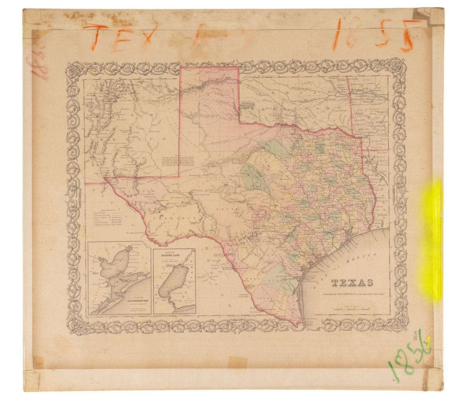 Reproduction Map of Texas: Reproduction of 1855 map of Texas, originally published J.H.Colton and Co. (New York), resting on board, sealed in plastic height 17.75 in. x width 19.5 in. x depth 0 in. Condition: Handwritten "1
