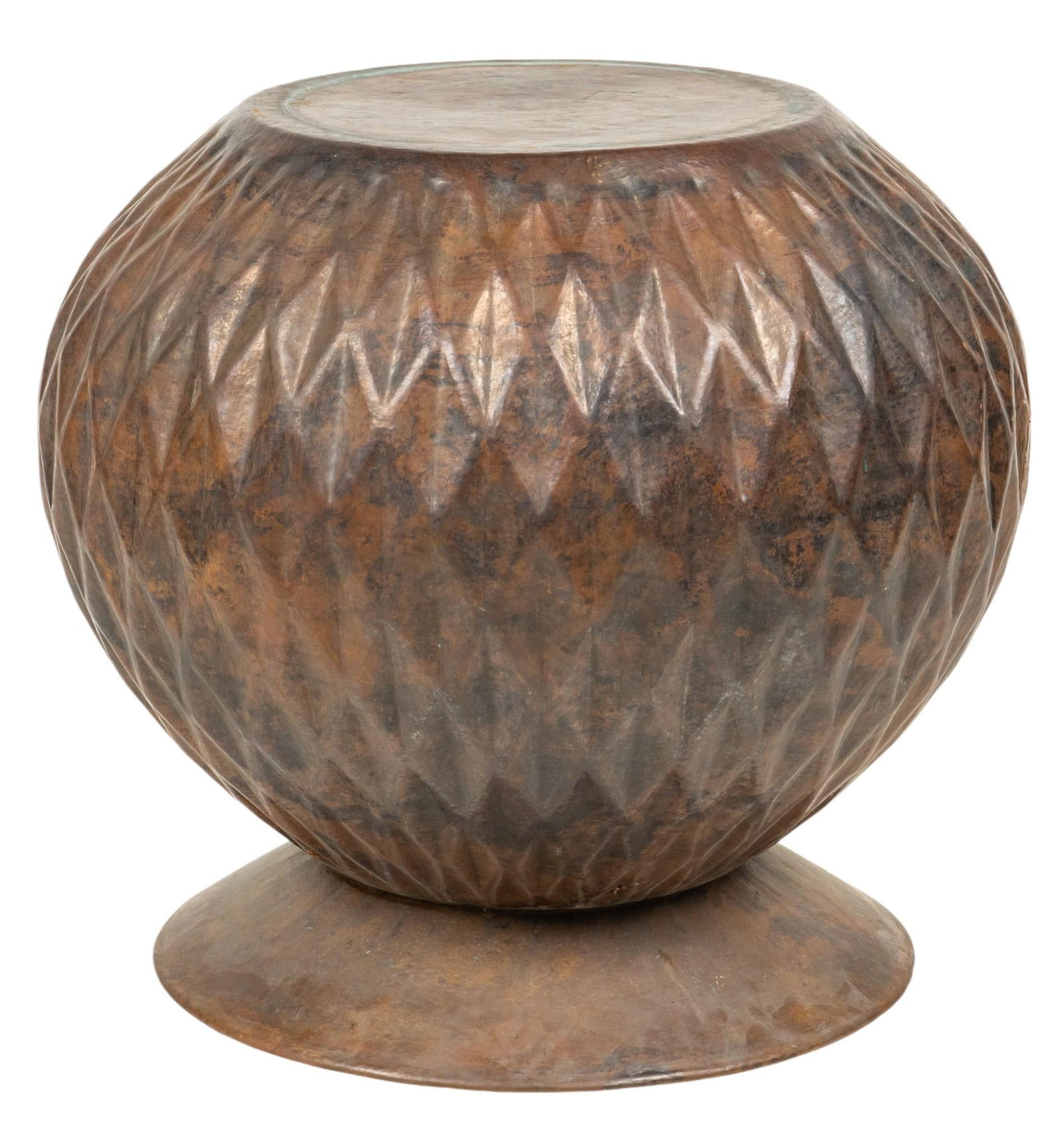 Round Copper Table: Round copper table with skirt and patterned relief throughout height 30 in. x width 36 in. x depth 36 in. Provenance: Property from the collection of a San Antonio, Texas lady Shipping available fo