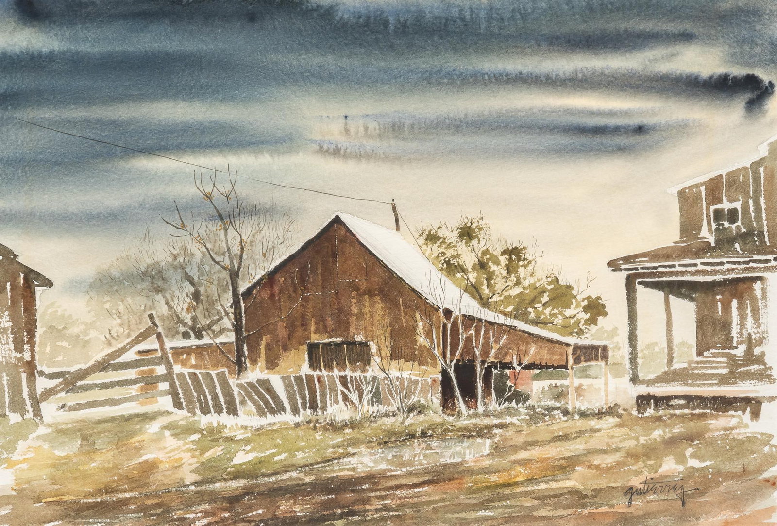 Raul Gutierrez, Texas Barn: Raul Gutierrez (Texas, b. 1935), Texas barn and farmyard, watercolor sight: 14 x 21 in.,frame: 23.5 in. x 29.5 in. Shipping available for this lot through our partner 4CL; please request a shipping qu