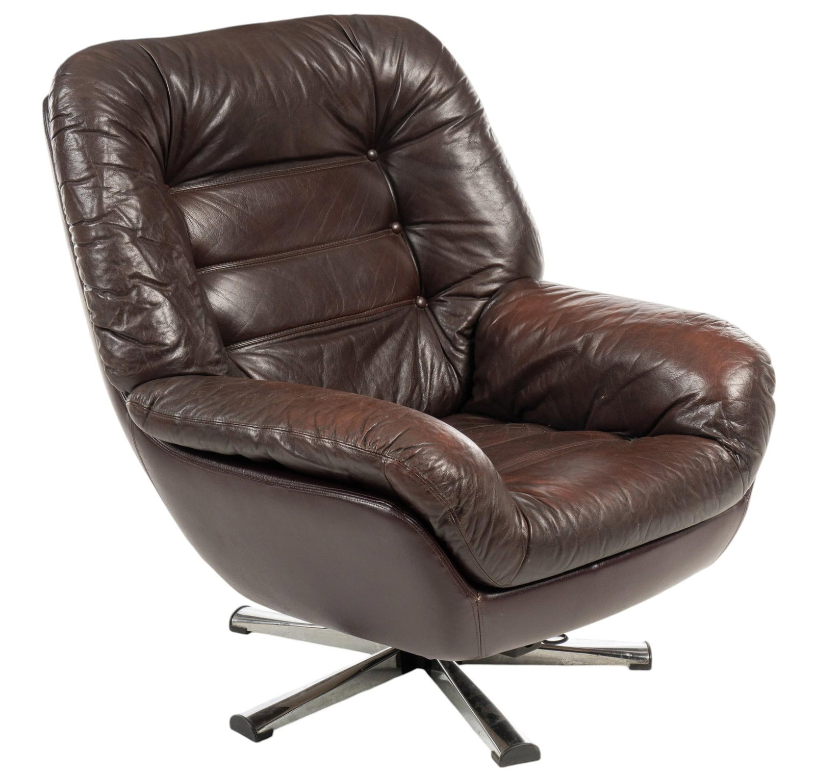 Leather Lounge Chair: Leather lounge chair, supported on swivel pedestal base, ending in five legs height 37 in. x width 34 in. x depth 36 in. Shipping available for this lot through our partner 4CL; please request a shipp