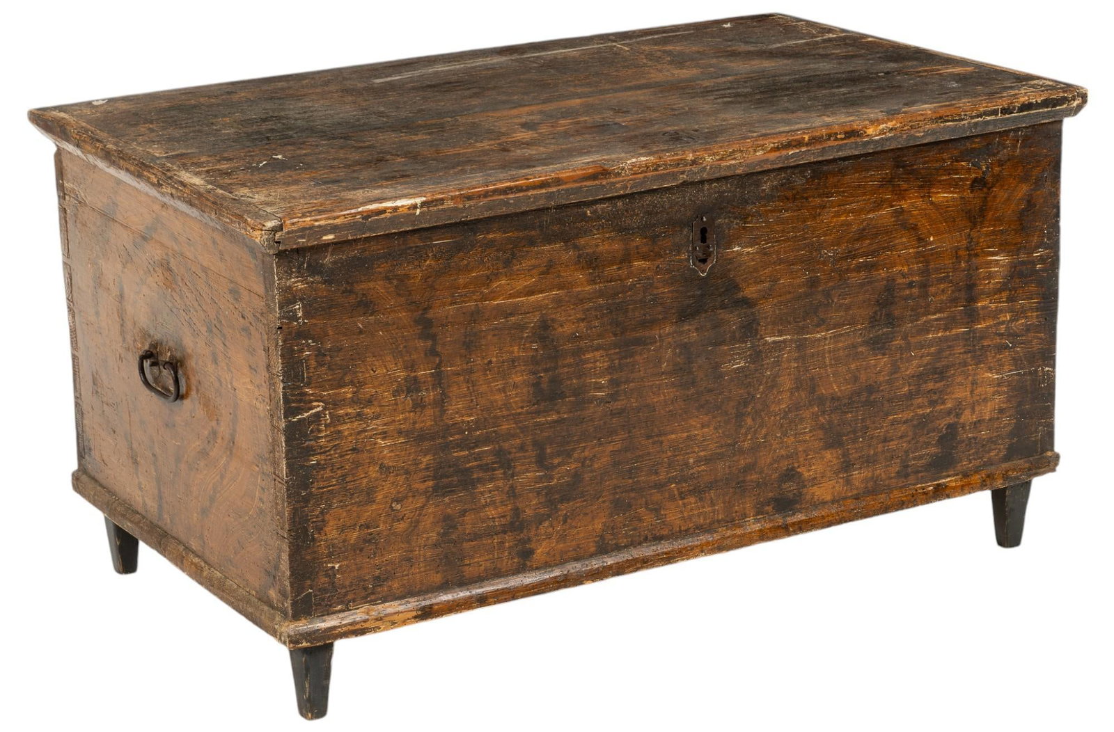 Blanket Chest: Painted wooden blanket chest, with brown finish, hinged lid, iron side handles, and dovetail construction, supported on block legs, height 25 in. x width 47 in. x depth 48 in. Shipping available for t