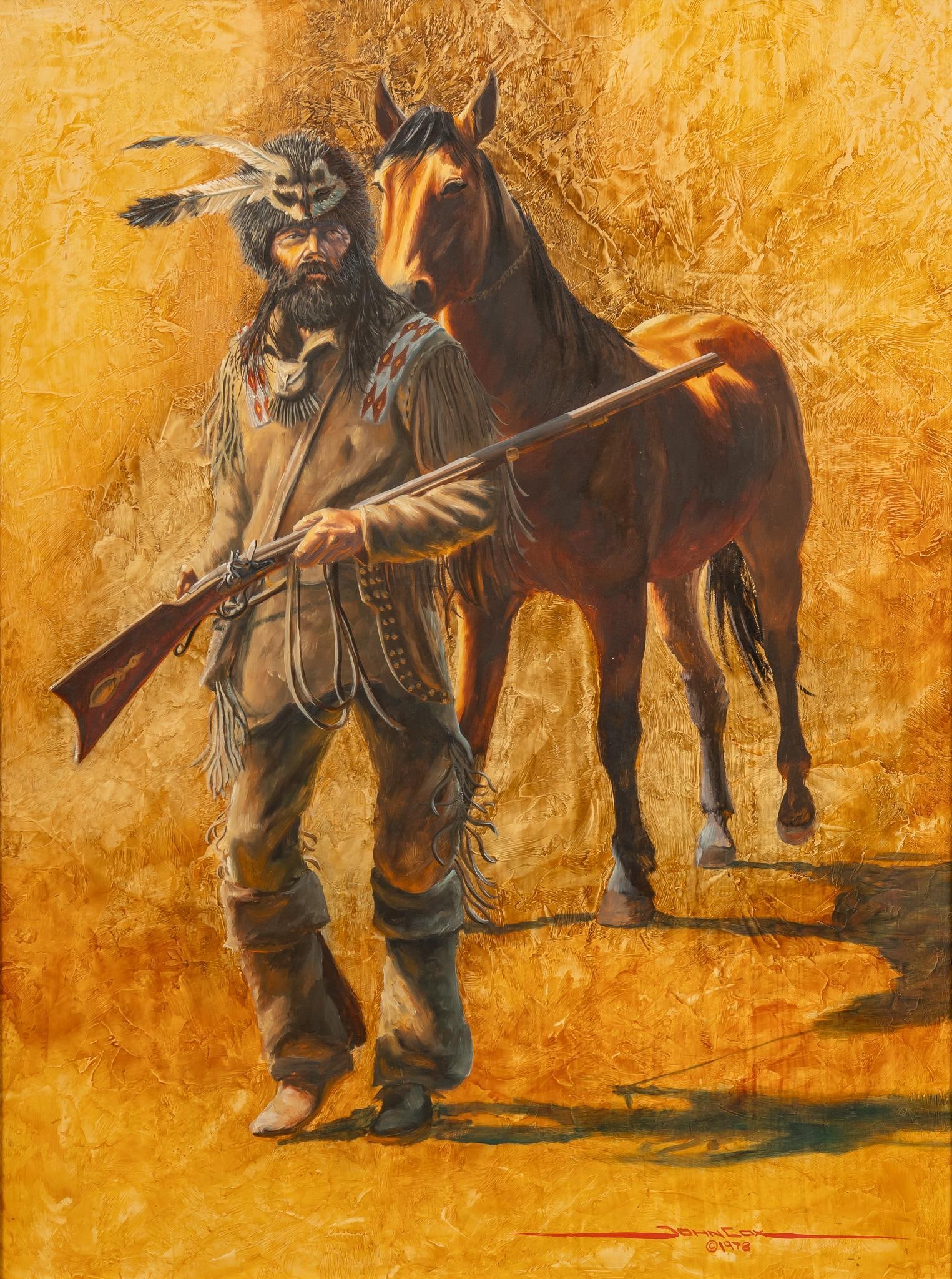 John Cox, Trapper and Horse, 1978: John Cox (California / Arizona, b. 1941), scene of trapper and horse, 1978, oil on panel sight: 24 x 18 in., frame: 30.5 x 24.5 in. Shipping available for this lot through our partner 4CL; please requ