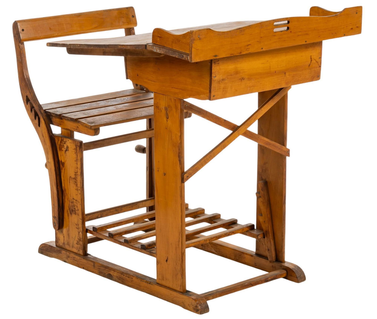 Vintage Adjustable Desk: Vintage wooden desk with adjustable seat and foot rest, with writing top having hinged lid that raises to interior storage, with gallery, and hinged metal inkwell covering height 34.5 in. x width 26