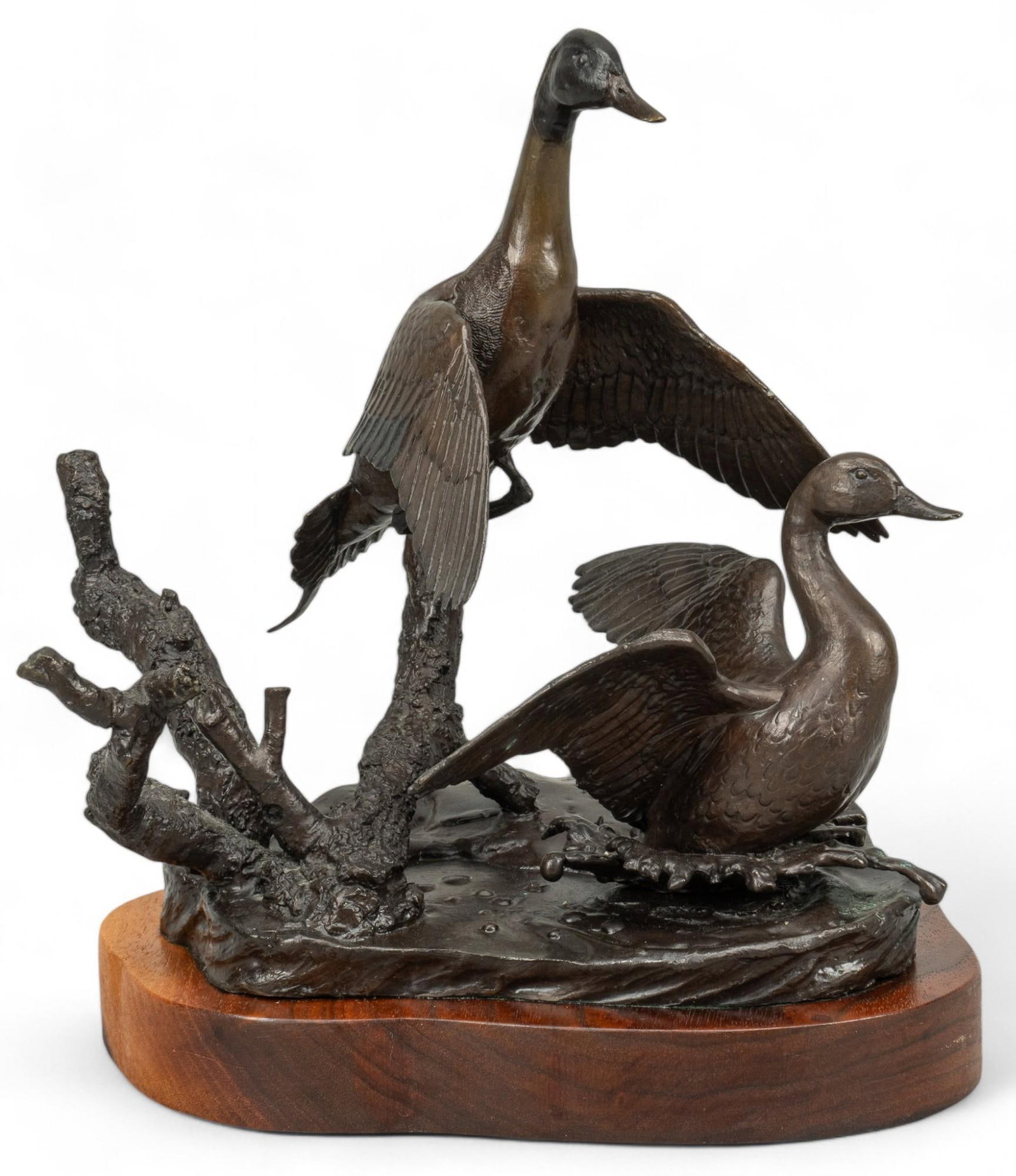 Sonny Timme, "Pintails", 1976: Sonny Timme (Amer., 1937-2014), "Pintails", 1976, artist-cast bronze sculpture on wooden base, ed. 7/18 height 9 in. x width 7.5 in. x depth 6 in. Provenance: From the collection of Dee Howard