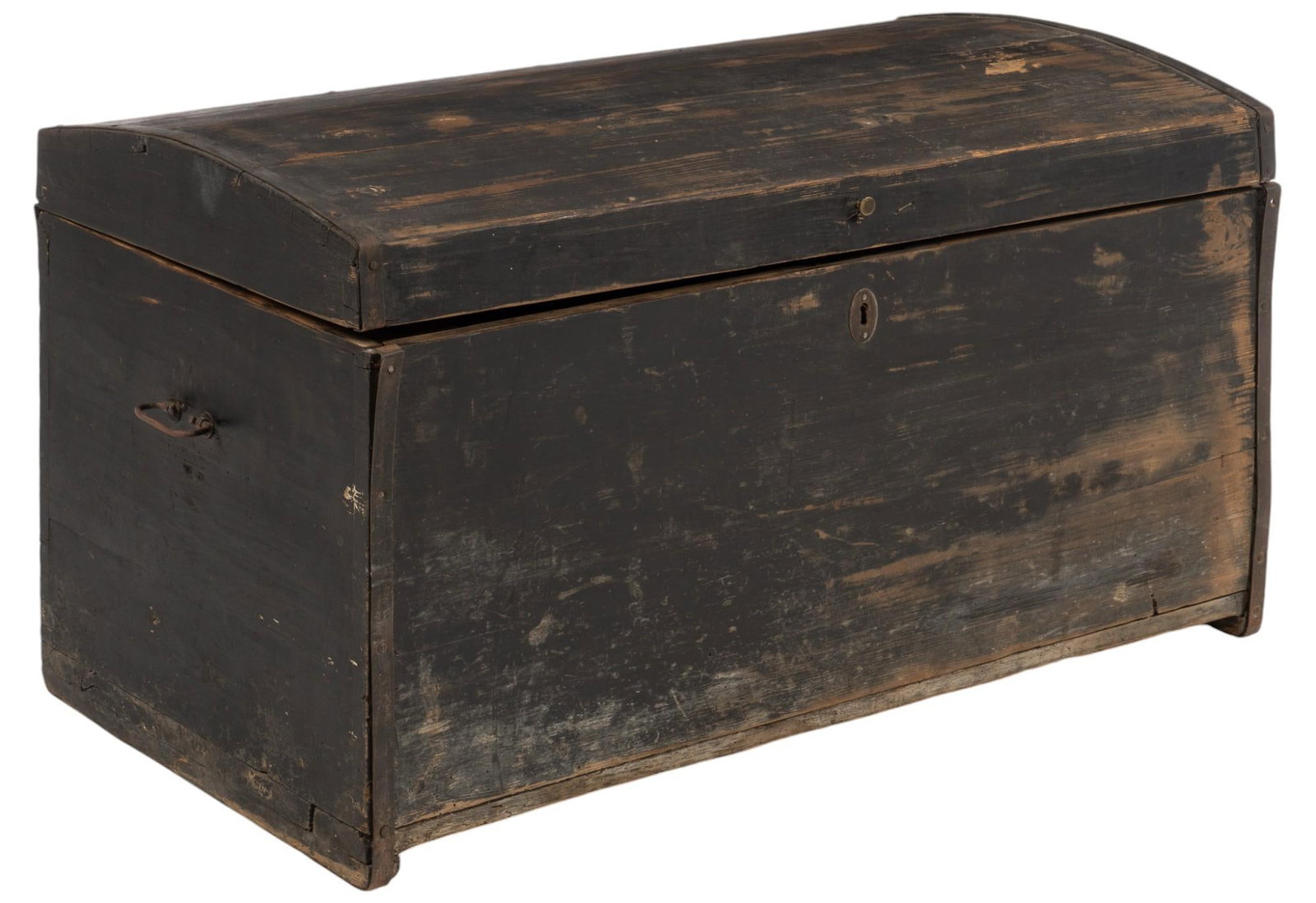 Vintage Black Stained Chest: Vintage black stained wooden chest with hinged lid and images affixed to interior height 22 in. x width 41 in. x depth 21 in. Condition: One hinge broken, handle on right side broken Provenance: Prope