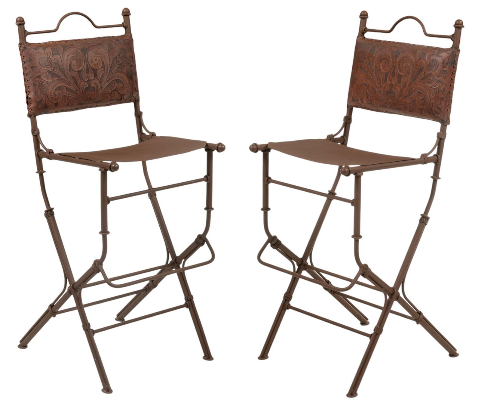 Pair of Tooled Leather Barstools (1 of 9)