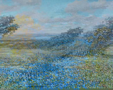Robert Harrison, "Bluebonnets Near Wimberley": Robert Harrison (Texas, b. 1949), "Bluebonnets Near Wimberley", oil on canvas sight: 16 x 20 in., frame: 23.5 in. x 27 in. Provenance: The collection of the artist, San Antonio, Texas 