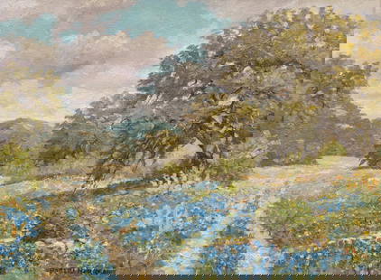 Robert Harrison, Bluebonnets Landscape: Robert Harrison (Texas, b. 1949), bluebonnet landscape, oil on canvas sight: 12 x 16 in., frame 15 x 19 in. Provenance: A Comfort, Texas estate Robert Harrison is a self-taught artist best