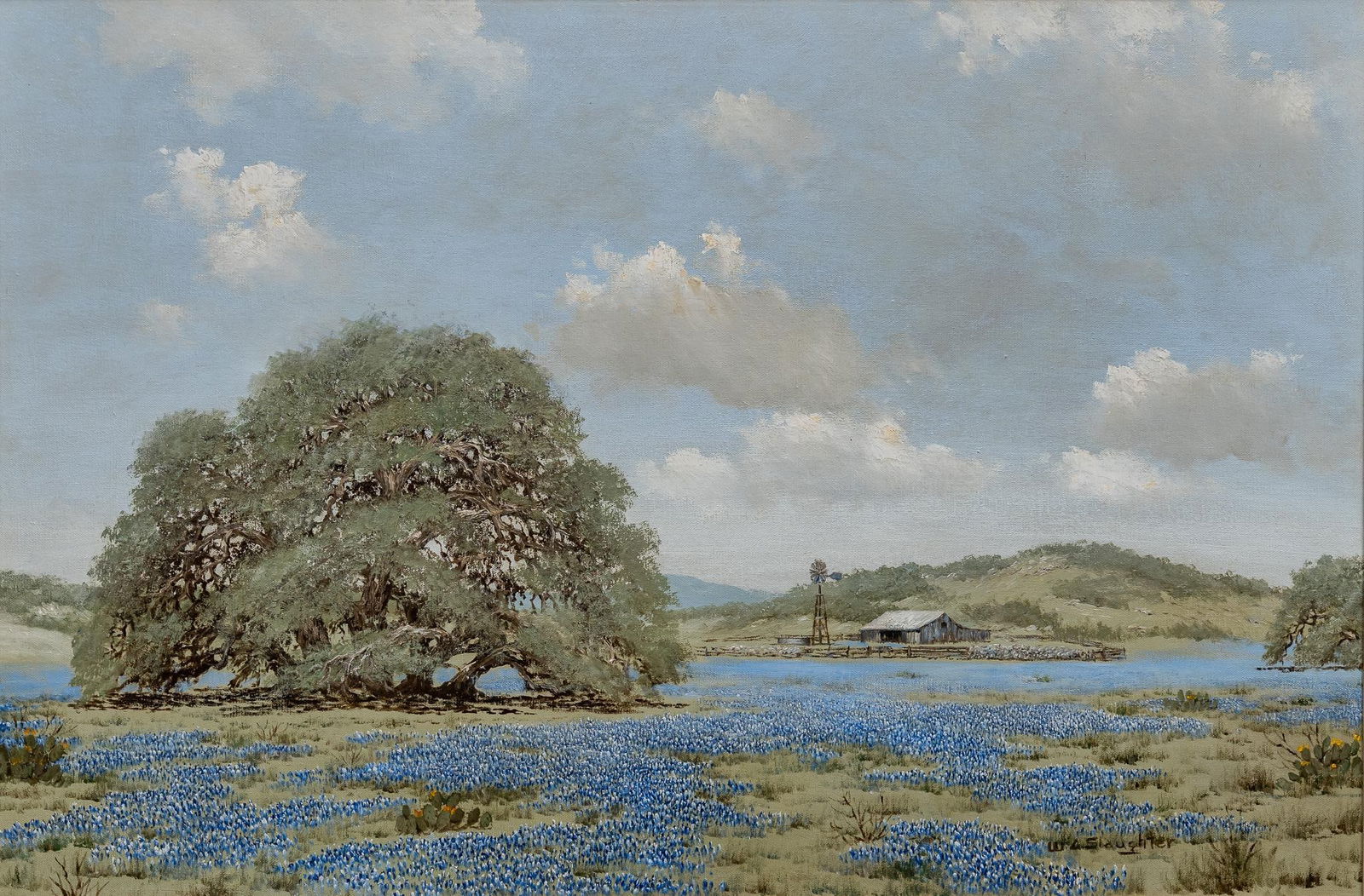 William A. Slaughter, Bluebonnet and Farm Landscape: William A. Slaughter (Texas, 1923-2003), bluebonnet landscape with spreading live oak and working farm, oil on canvas sight: 24 in. x 36 in., frame: 33 in. x 45 in. Provenance: A San Antonio, Texas