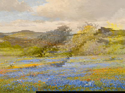 Porfirio Salinas, Bluebonnet Landscape: Porfirio Salinas (Texas, 1910-1973), bluebonnet landscape, oil on canvas sight: 18 in. x 24 in., frame: 24.5 in. x 30 in. Provenance: A San Antonio, Texas collection Porfirio Salinas was