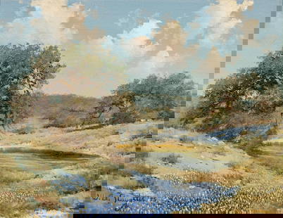 William A. Slaughter, Bluebonnet and Oak Landscape: William A. Slaughter (Texas, 1923-2003), bluebonnet and oak landscape, oil on canvas sight: 11 in. x 14 in., frame: 18 in. x 21 in. Provenance: An Austin, Texas collection William A.