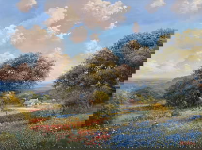 Kay Walton, Bluebonnet Landscape: Kay Walton (Texas, 20th-21st C.), bluebonnet landscape, oil on canvas sight: 30 x 40 in., frame: 45 x 55 in. Provenance: A Dallas, Texas collection Kay Walton is a dedicated Texas artist who
