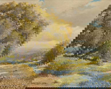 G. Harvey, Bluebonnets and Oak, 1957: G. (Gerald Harvey Jones) Harvey (Texas, 1933-2017), bluebonnets and oak tree landscape, 1957, oil on canvas laid to panel, signed Gerald Harvey Jones sight 16 in. x 20 in., frame: 21.5 in. x 24.5