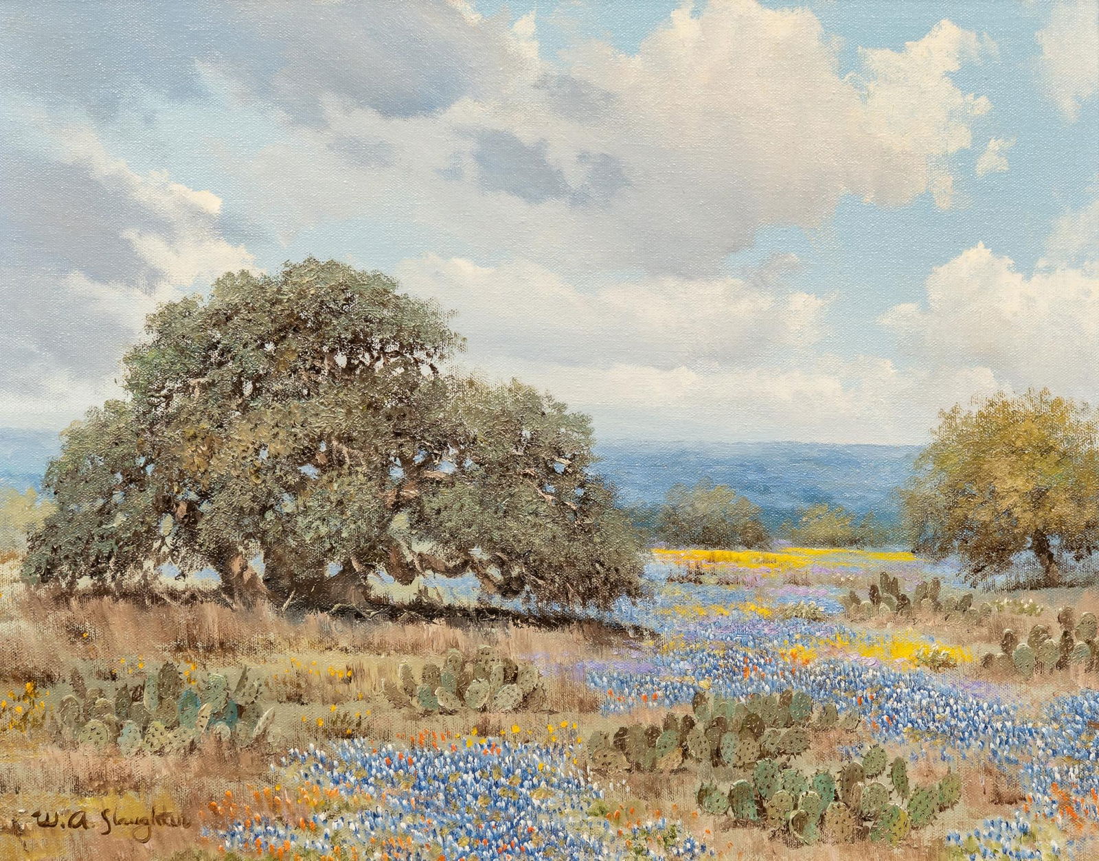 William A. Slaughter, Bluebonnet and Cactus Landscape: William A. Slaughter (Texas, 1923-2003), bluebonnet and cactus landscape, oil on canvas sight: 16 in. x 20 in., frame: 24 in. x 28.5 in. Provenance: An Austin, Texas collection William A. Slaughter