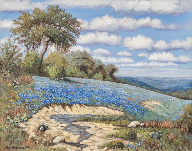 Eric Harrison, Bluebonnets and Arroyo: Eric Harrison (Texas, b. 1971), bluebonnets and arroyo, oil on canvas sight 16 x 20 in., frame: 19 x 23 in. Provenance: A Fredericksburg, Texas collection Eric Harrison creates vivid
