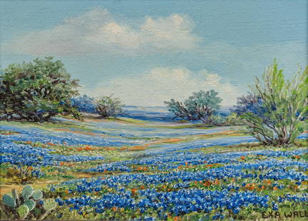 Exa Wall, Bluebonnet Landscape with Cactus: Exa Wall (Washington / San Antonio, Texas 1898-1998), bluebonnet landscape with cactus, oil on canvas sight: 9 in. x 12 in., frame: 12 in. x 15 in. Provenance: A San Antonio, Texas collection 