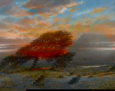 Larry Prellop, Bluebonnet Sunset with Eagle: Larry Prellop (Texas, b. 1949), Hill Country bluebonnet sunset with eagle, oil on canvas sight: 24 in. x 30 in., frame: 32 in. x 37.5 in. Provenance: An Austin, Texas collection Shipping