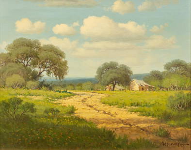 G. Harvey, "Morning Shadows", 1965: G. (Gerald Harvey Jones) Harvey (Texas, 1933-2017), "Morning Shadows", 1965, oil on canvas sight: 16 in. x 20 in., frame: 21 in. x 21.5 in. Provenance: From the collection of the