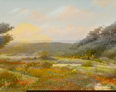 Porfirio Salinas, Hill Country Coreopsis: Porfirio Salinas (Texas, 1910-1973), Hill Country view with oak tree and coreopsis, oil on canvas sight: 24 x 30 in., frame: 31 x 37 in. Provenance: A Fredericksburg, Texas collection 