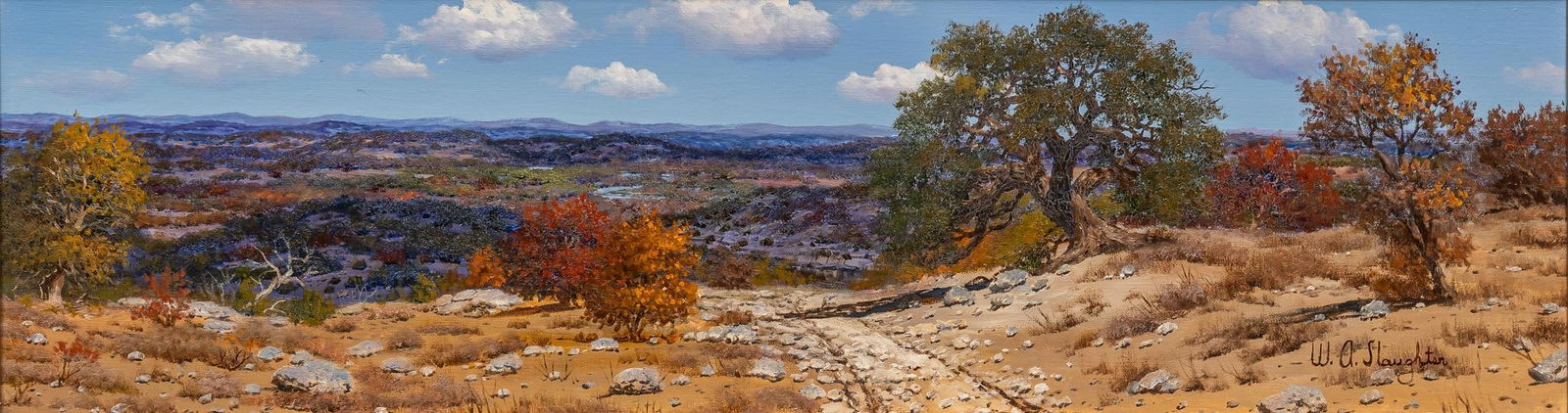 William A. Slaughter, Texas Hill Country: William A. Slaughter (Texas, 1923-2003), Texas Hill Country landscape, oil on canvas sight: 10 in. x 36 in., frame: 18 in. x 43.5 in. Provenance: A San Antonio, Texas collection William A. Slaughte