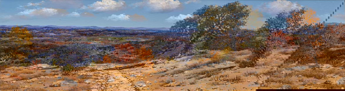 William A. Slaughter, Texas Hill Country: William A. Slaughter (Texas, 1923-2003), Texas Hill Country landscape, oil on canvas sight: 10 in. x 36 in., frame: 18 in. x 43.5 in. Provenance: A San Antonio, Texas collection William A.